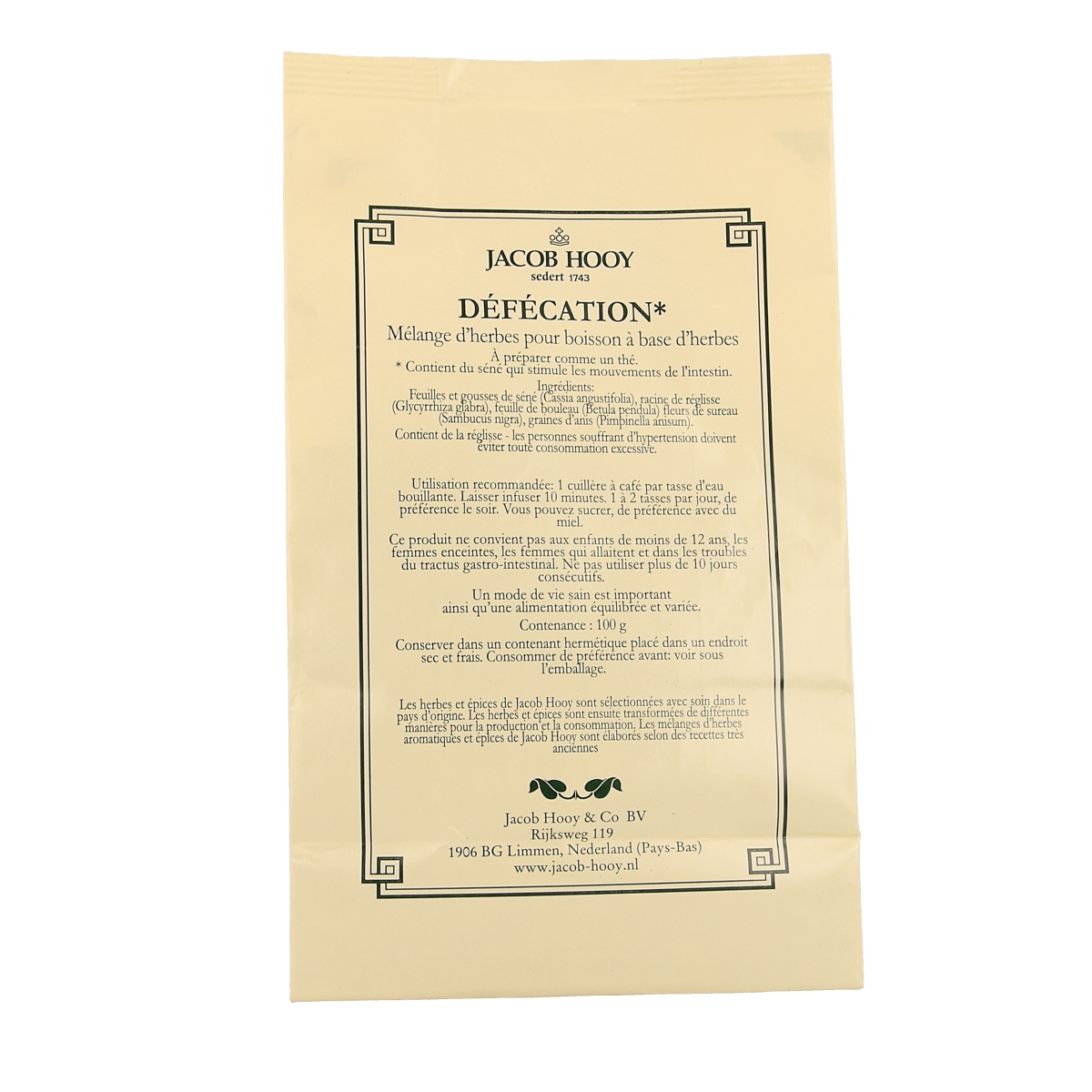 Jacob Hooy Stoelgangkruiden in 100g package, herbal salt and meal mix blend shown in the image.