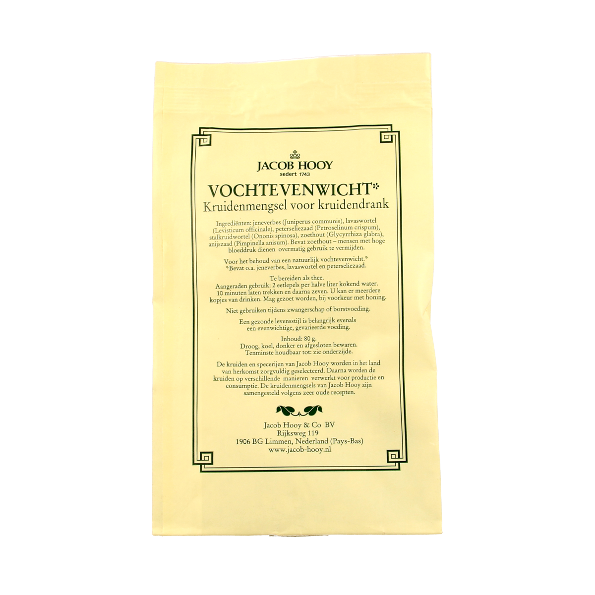 Jar of Jacob Hooy Vochtevenwicht herbal, salt, and meal mix, 80g, with fresh herbs and spices in a clear container.
