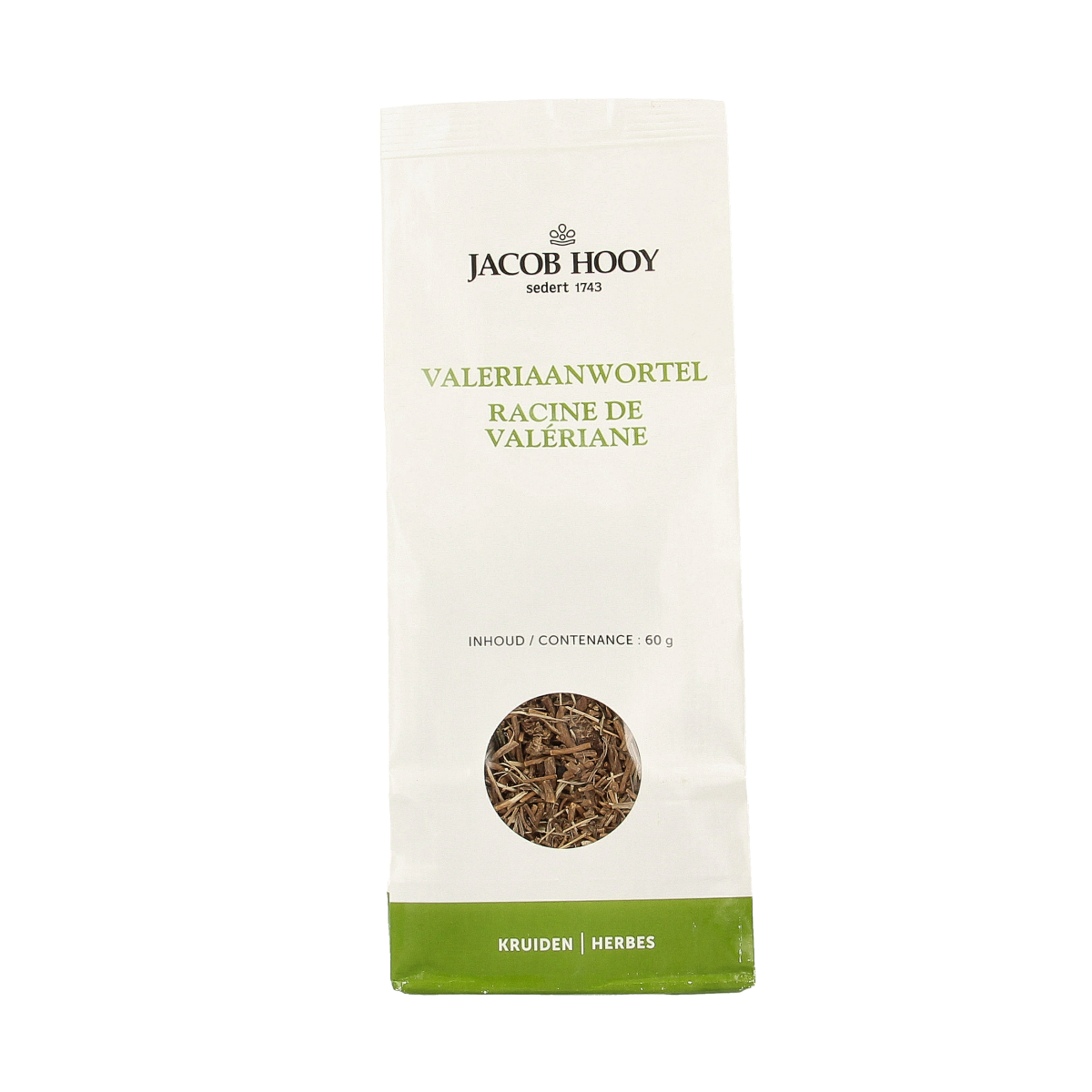 Jar of Jacob Hooy Valeriaanwortel herbal supplement, 60g, with dried valerian root visible in a clear glass jar.