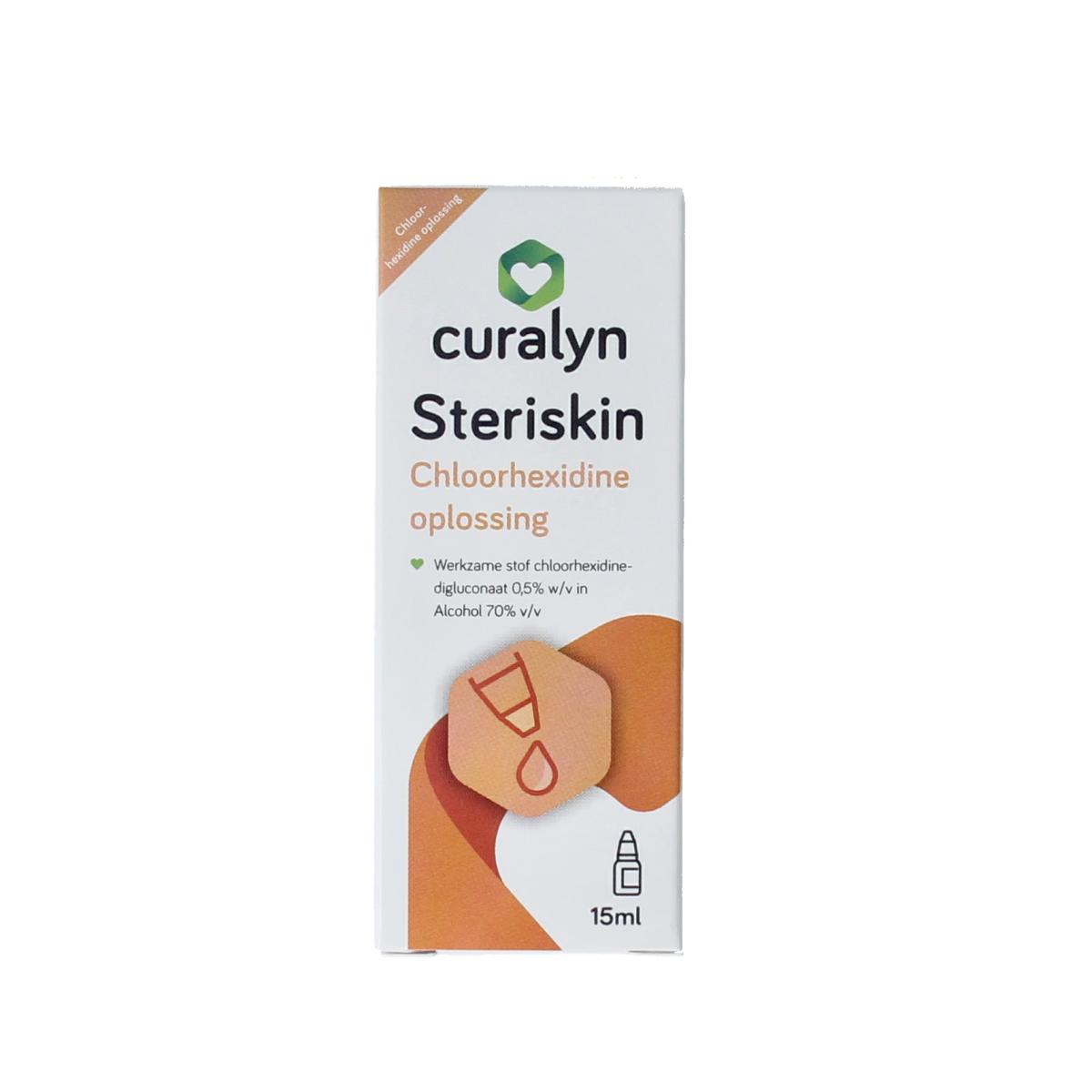 Curalyn Steriskin disinfectant product bottle with label, 15ml size, designed for skin and surface sanitation.