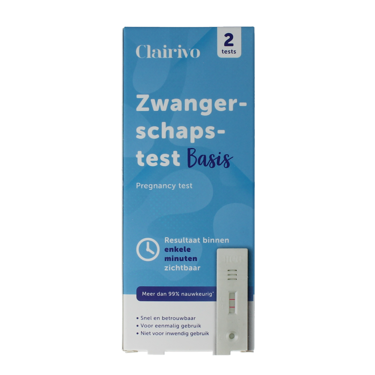 Clairivo zwangerschapstest cassette pack with two self-test kits, compact and easy-to-use for early pregnancy detection.