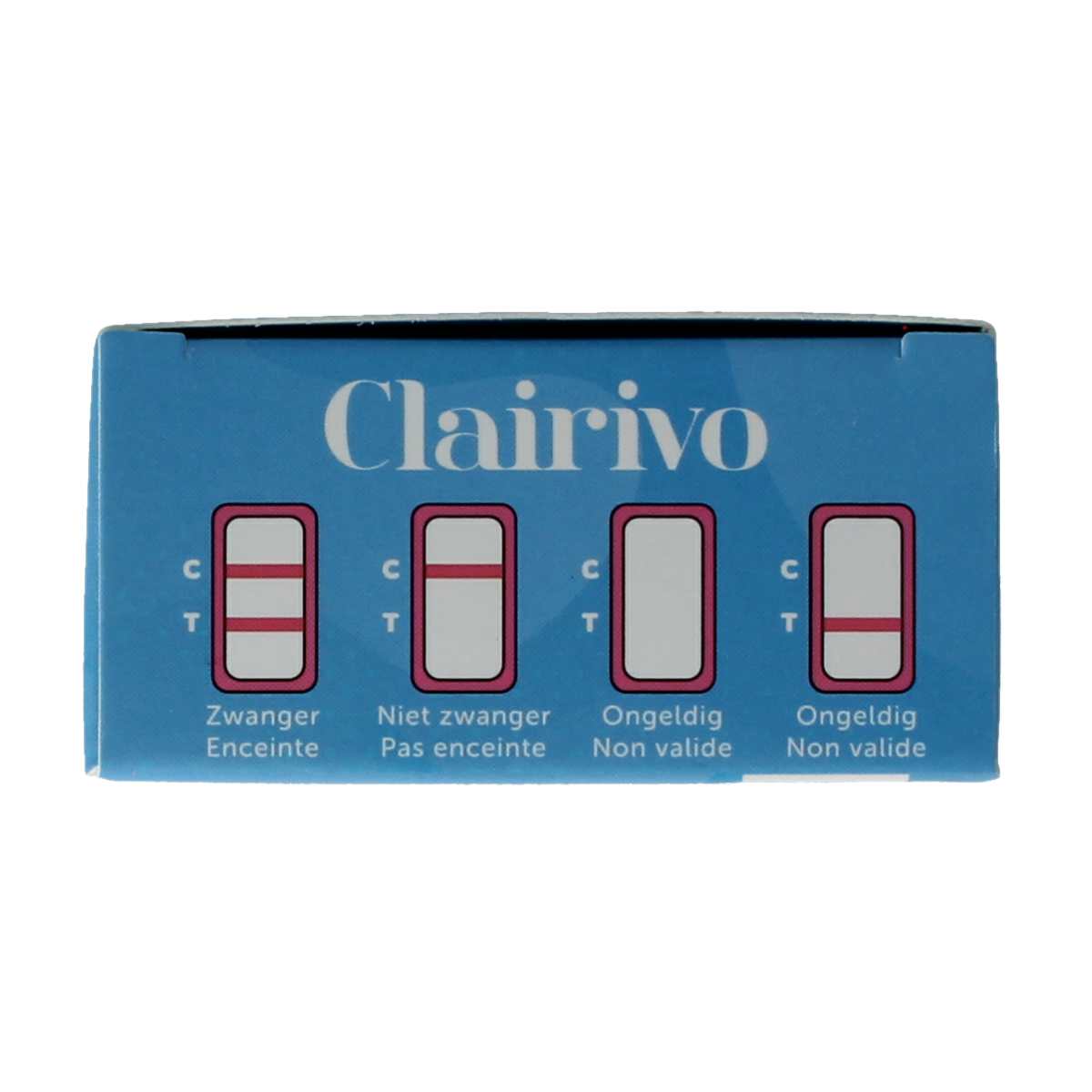 Clairivo zwangerschapstest cassette, 2-pack, self-test kit for pregnancy detection, featuring two white test cassettes on a white background.
