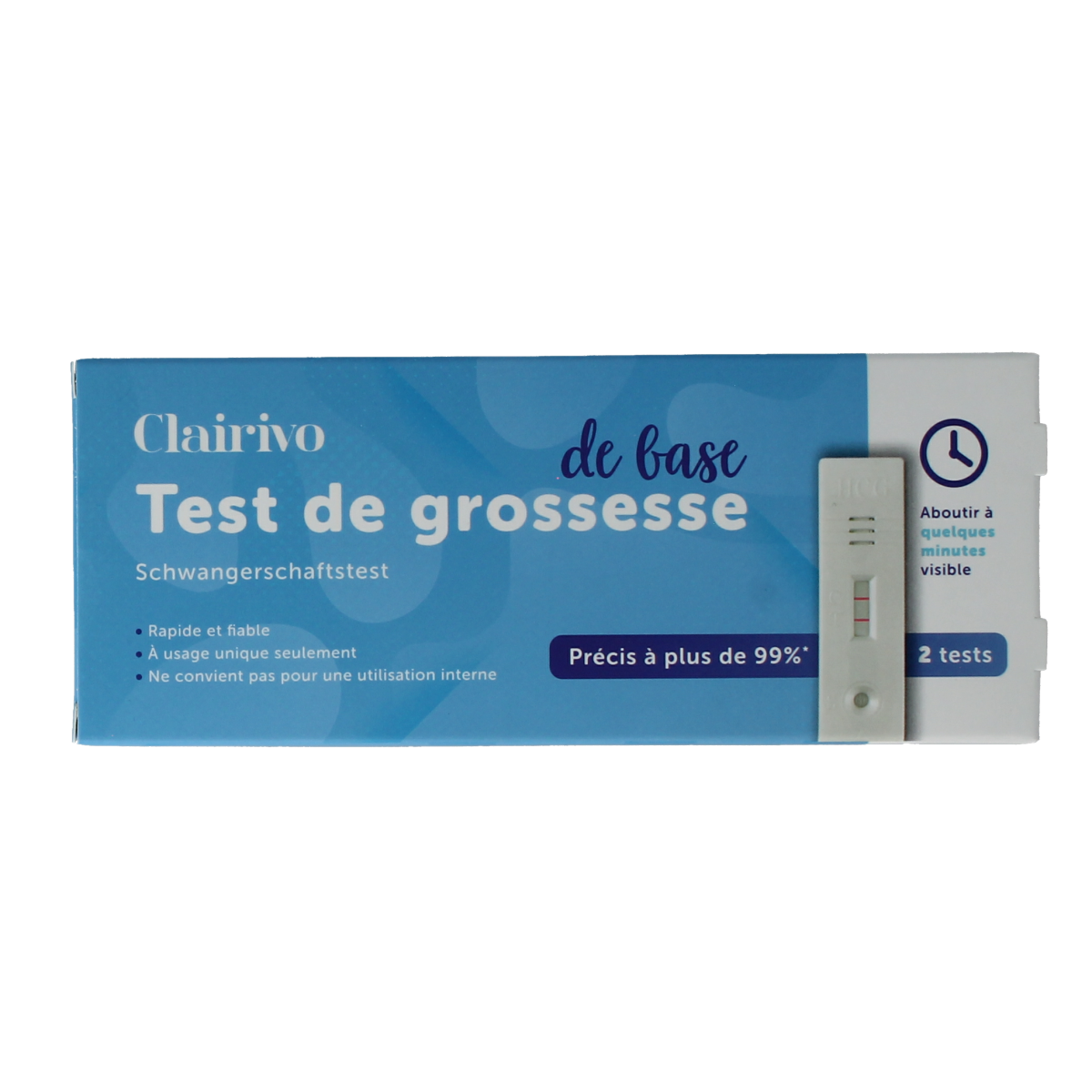 Clairivo Zwangerschapstest cassette for pregnancy detection, two-pack, self-testing kits with blue and white packaging.