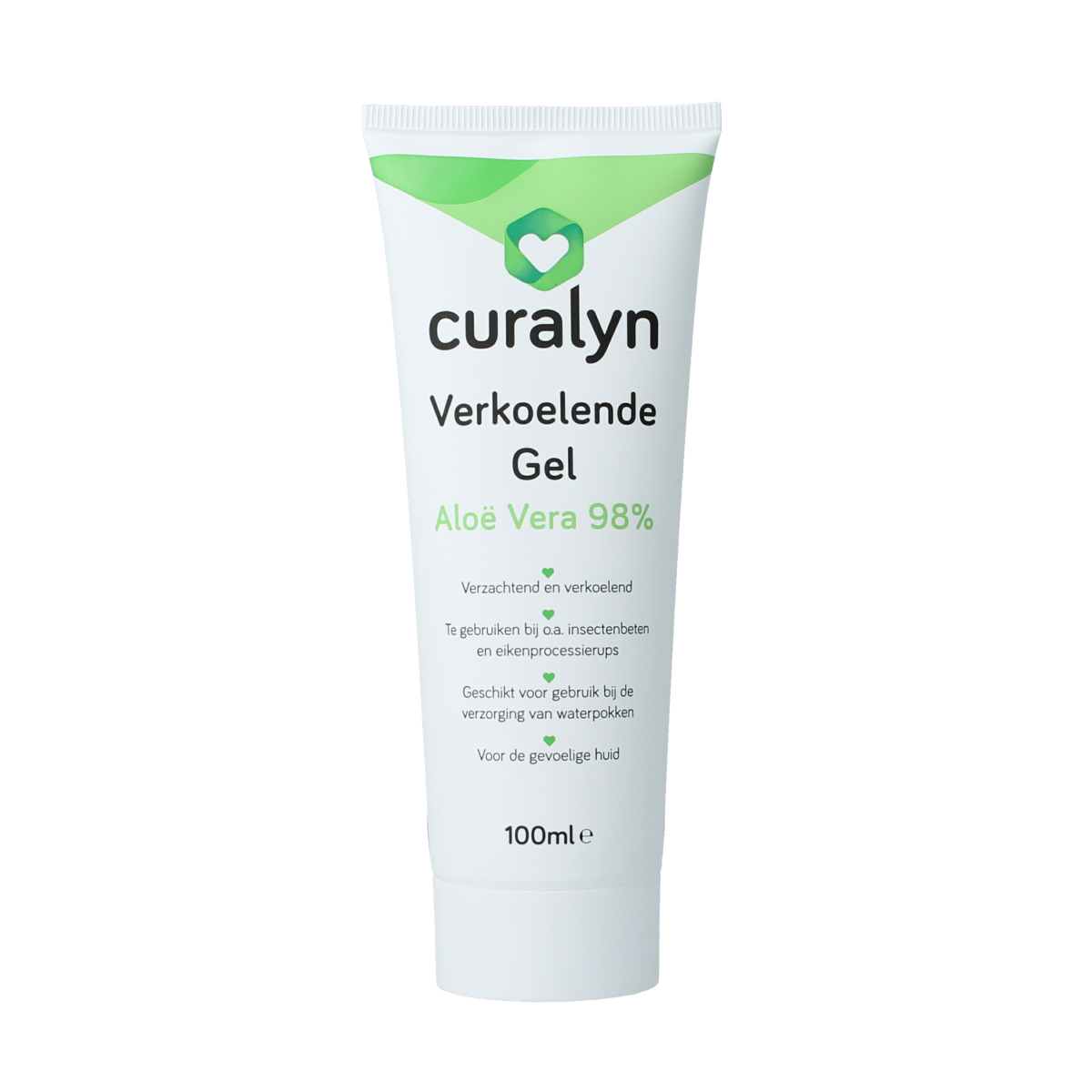 Curalyn Verkoelende aloe vera gel in 100ml bottle, soothing body care with fresh aloe vera leaves on the label.