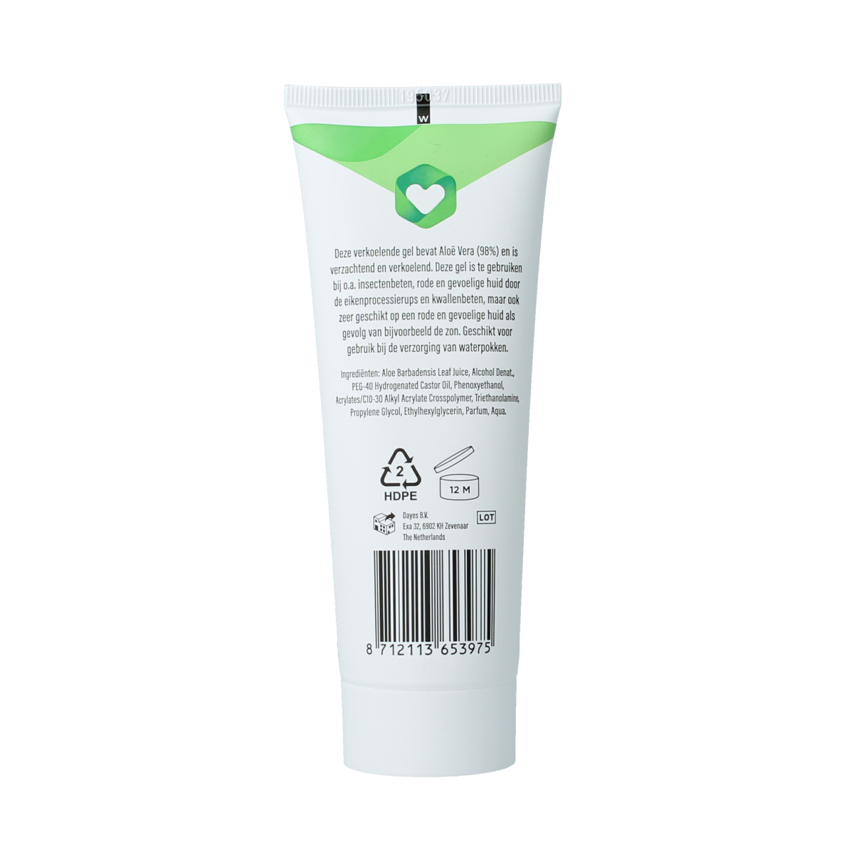 Curalyn Verkoelende Aloe Vera gel in 100ml tube, soothing body care product with fresh aloe vera plant in the background.