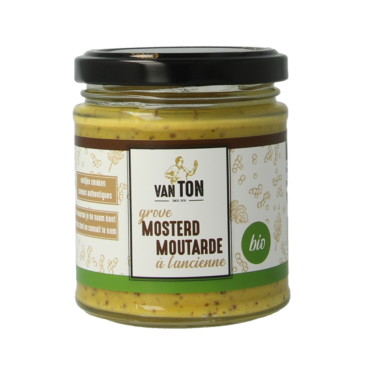 Van Ton Grof Bio Mustard sauce jar, 170g, with label showing natural, coarse mustard texture and branding.