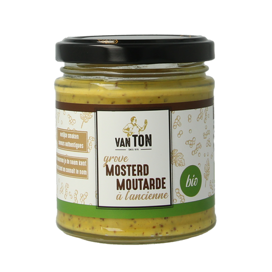 Van Ton Grof Bio Mustard sauce jar, 170g, with label showing natural, coarse mustard texture and branding.
