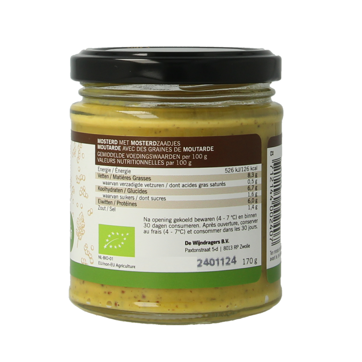 Van Ton grof biologische mosterd sauce in 170g jar, showing textured mustard seeds and label on the product.
