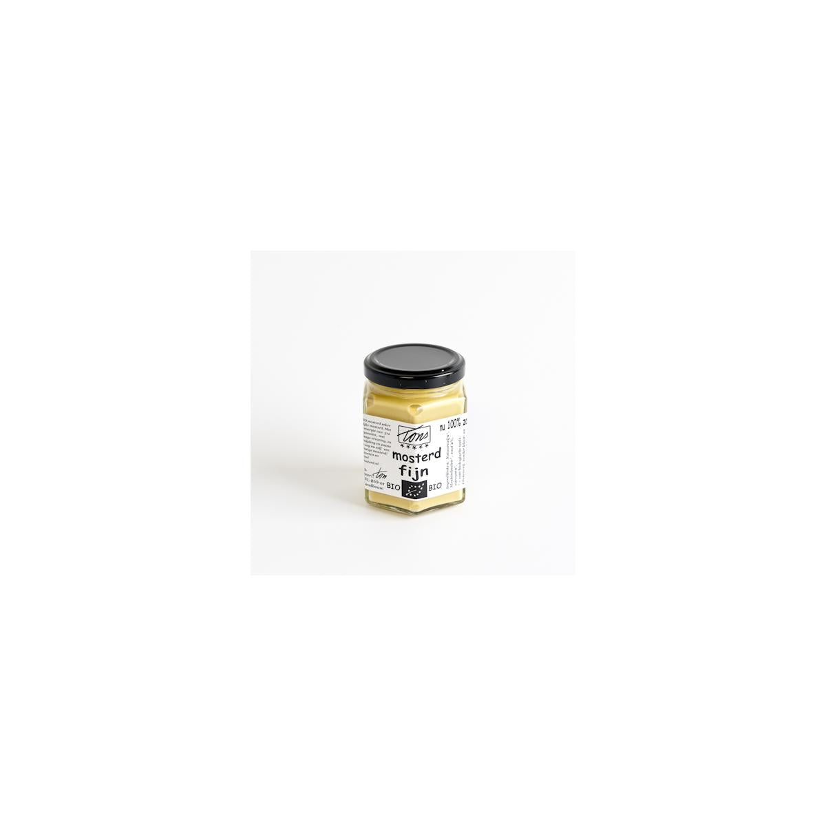 Van Ton bio fijn mosterd sauce in a 170g jar, natural yellow mustard ideal for cooking and flavoring dishes.