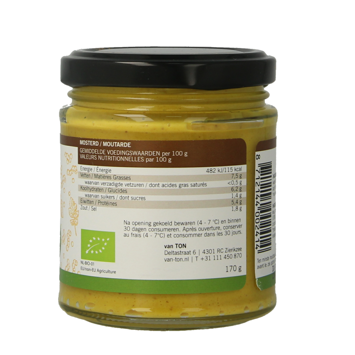 Van Ton bio fine mustard sauce in 170g jar, natural and creamy, ideal for cooking and flavorful dishes.