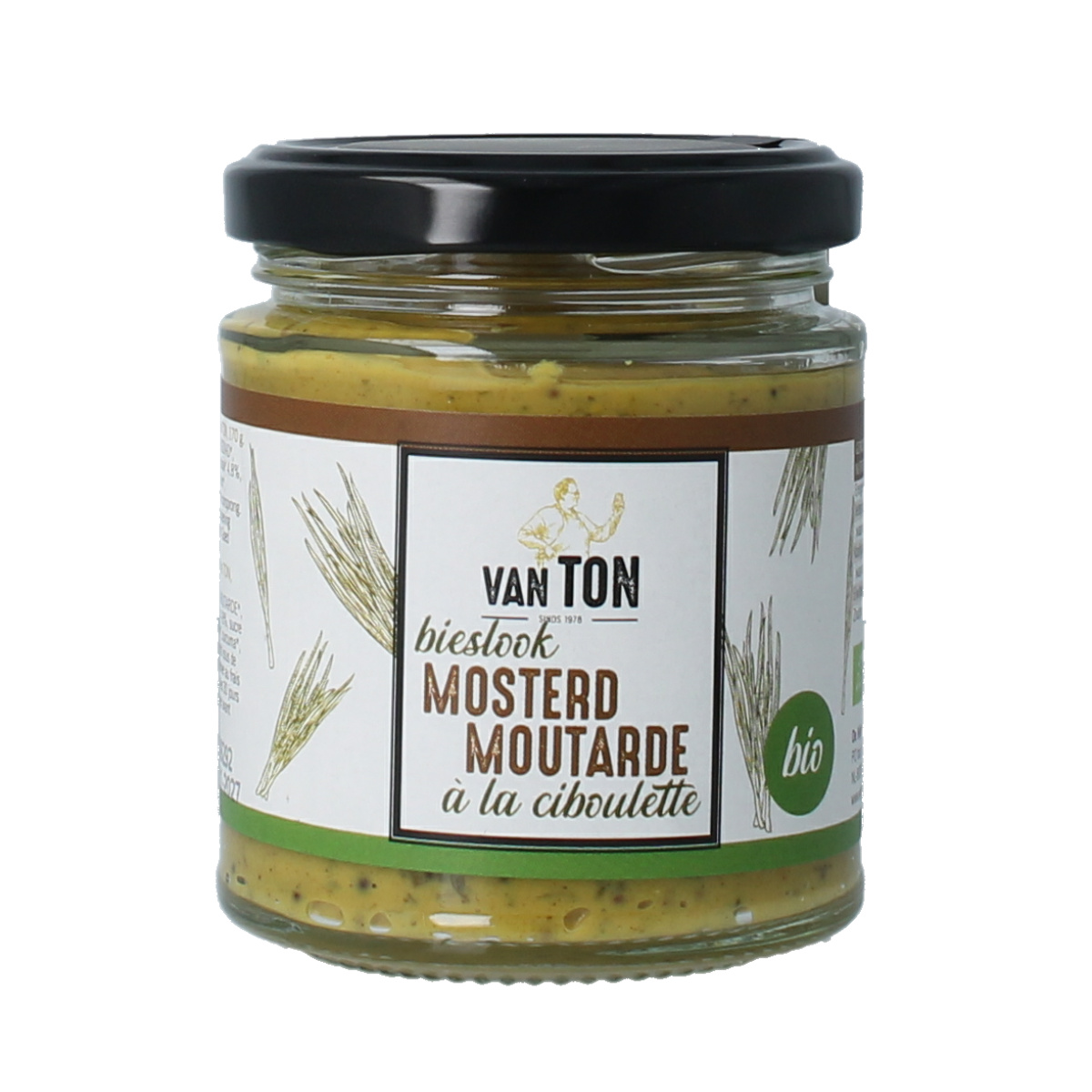 Van Ton bio mosterd saus met bieslook in een 170g verpakking, ideaal als smaakmaker voor gerechten.