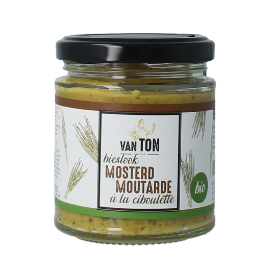 Van Ton bio mosterd saus met bieslook in een 170g verpakking, ideaal als smaakmaker voor gerechten.