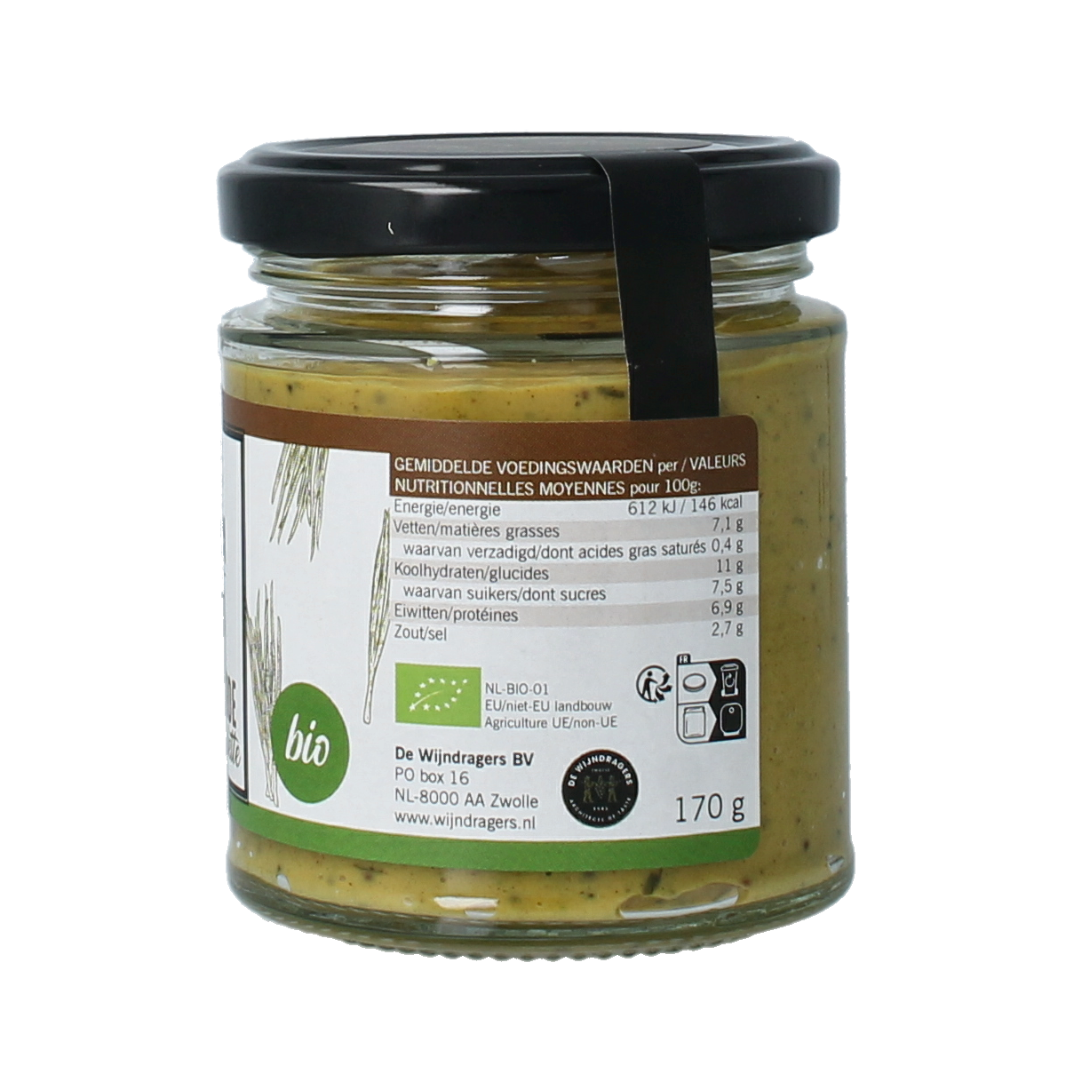 Van Ton bio mosterd bieslook sauce in 170g jar, featuring mustard and chives, ideal for sauces and flavoring.