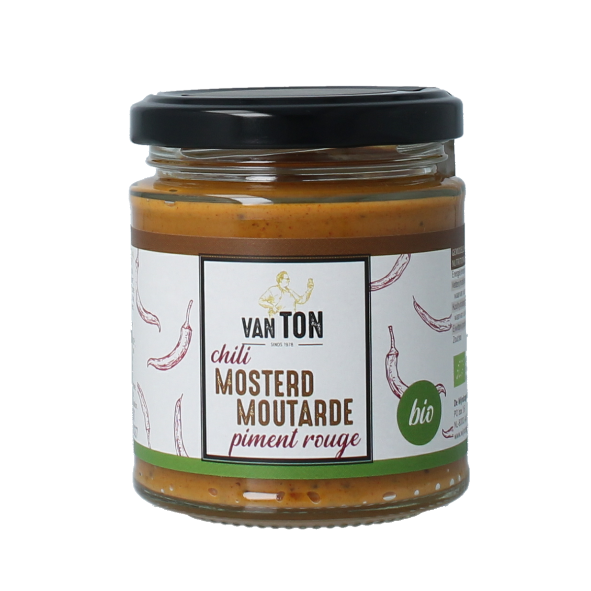 Bottle of Van Ton Chili Mosterd bio sauce with label showing chili peppers and mustard, 170 grams, in a clear glass container.