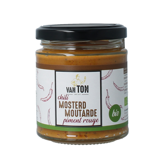 Bottle of Van Ton Chili Mosterd bio sauce with label showing chili peppers and mustard, 170 grams, in a clear glass container.