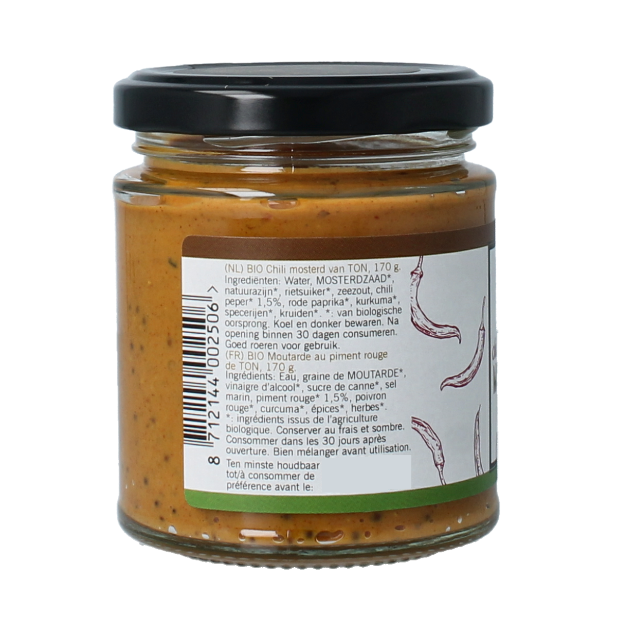 Van Ton Chili Mosterd bio sauce in 170g jar, featuring vibrant yellow mustard and spicy chili ingredients.