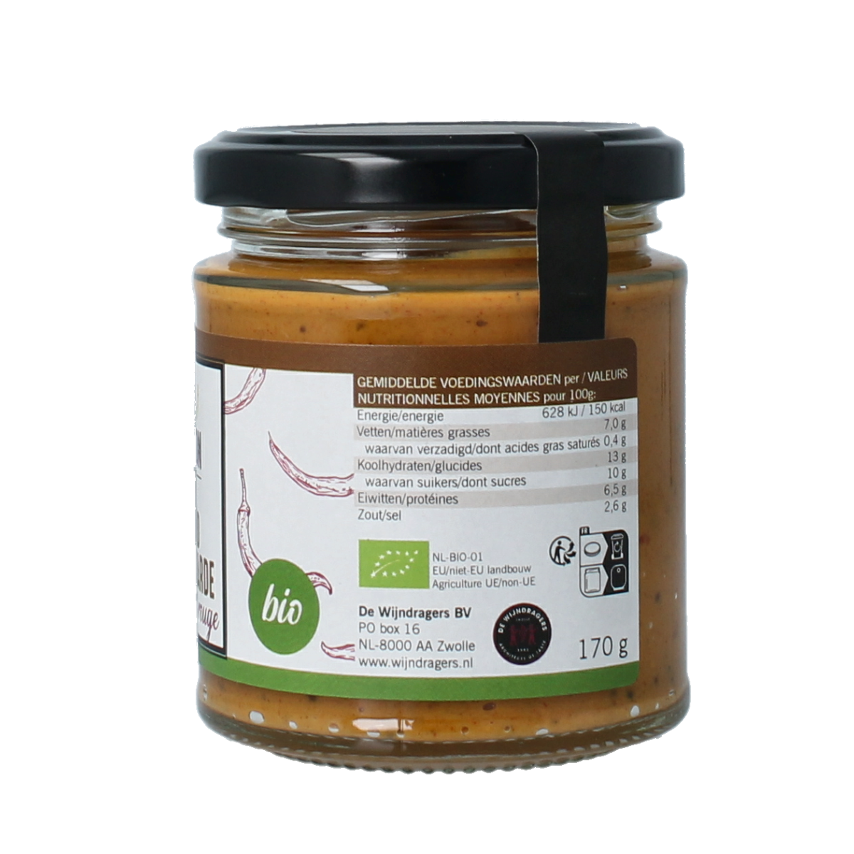 Van Ton Chili Mosterd bio in 170g jar, showing vibrant yellow mustard with chili flakes, ideal for sauces and flavoring.