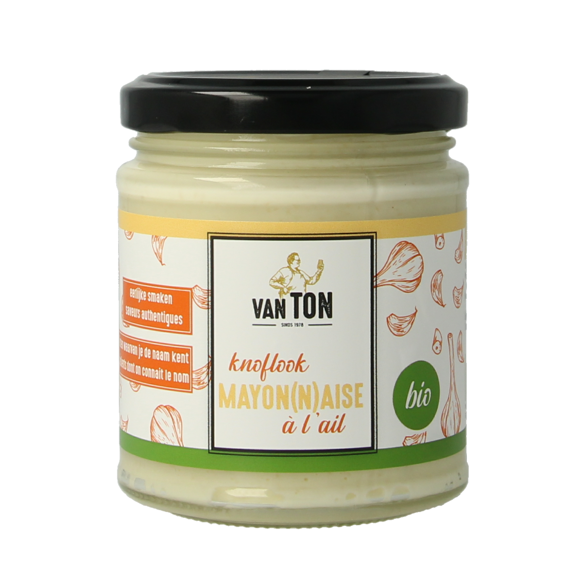 Van Ton Mayonaise knoflook bio in a 160g jar, showing the label and garlic flavor, part of Sauzen en Smaakmakers product line.