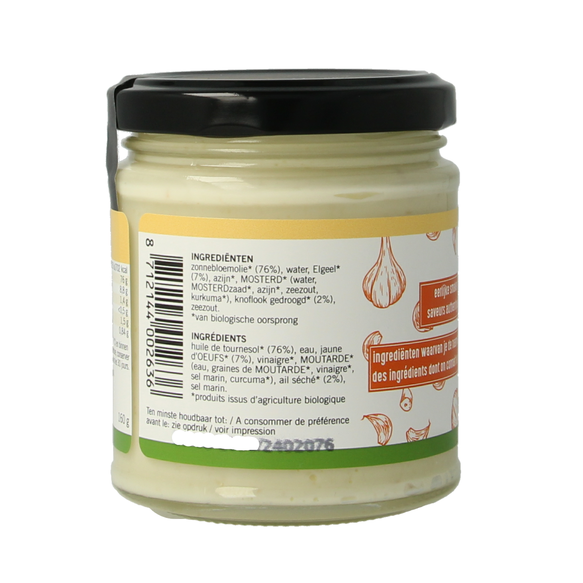 Van Ton bio garlic mayonnaise in 160g jar, creamy sauce from Sauzen en Smaakmakers category, with garlic flavor and natural ingredients.