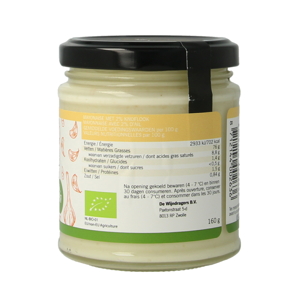 Organic Van Ton Mayonnaise knoflook sauce in 160g jar, creamy garlic flavor, perfect for sandwiches and dips.