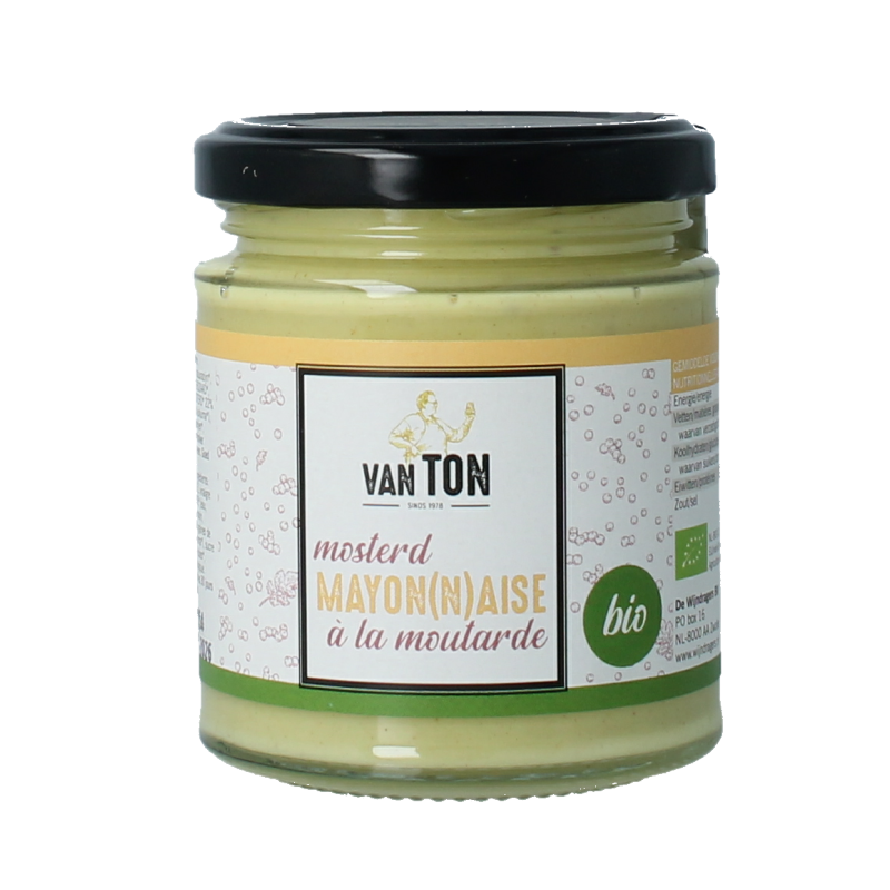 Van Ton Mosterd Mayonnaise bio in 190ml bottle, creamy mustard-flavored sauce, natural and organic condiment.