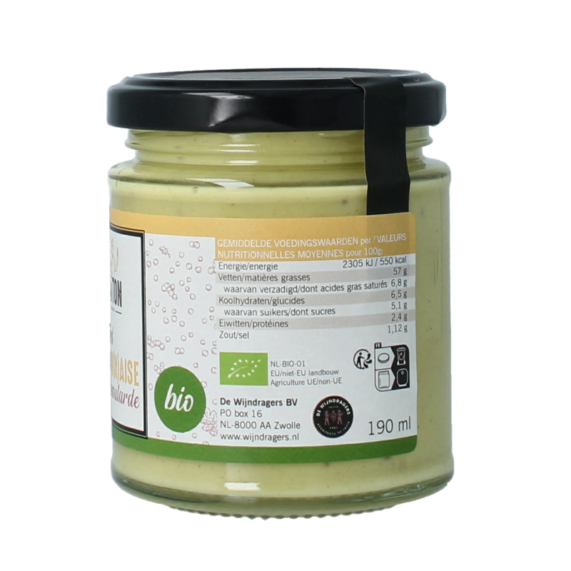Van Ton bio mosterd mayonaise in 190ml bottle, creamy sauce for sandwiches and salads, with mustard and mayonnaise flavors.