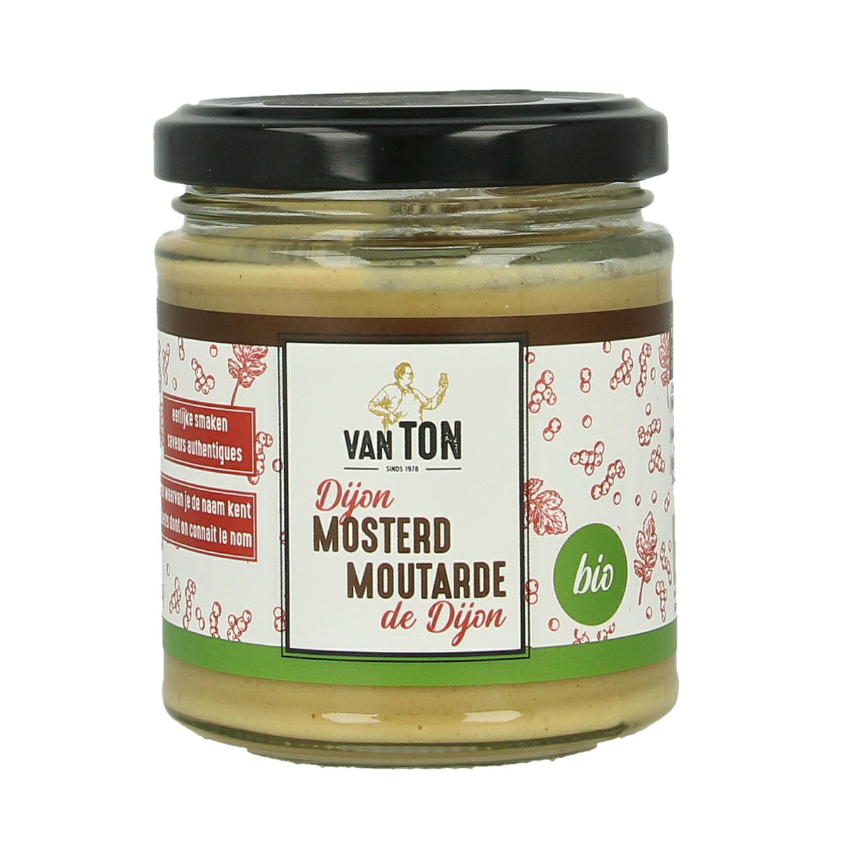 Glass jar of Van Ton Bio Dijon Mustard sauce with labels, 170g, in a close-up view with a white background.