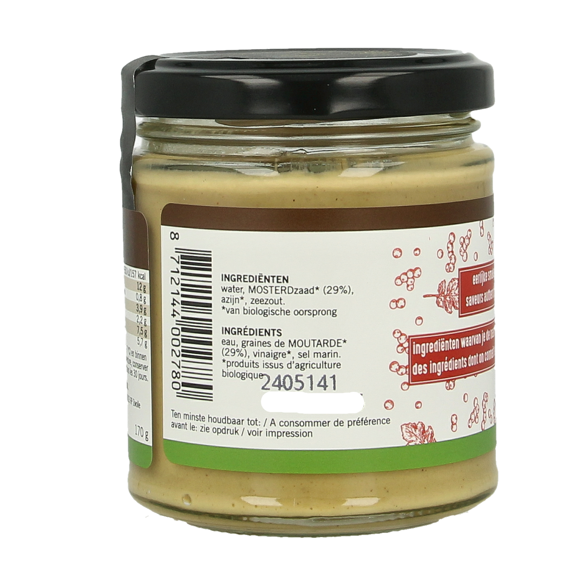 Jar of Van Ton Dijon organic mustard sauce with a yellow label, showcasing the product in a natural setting.