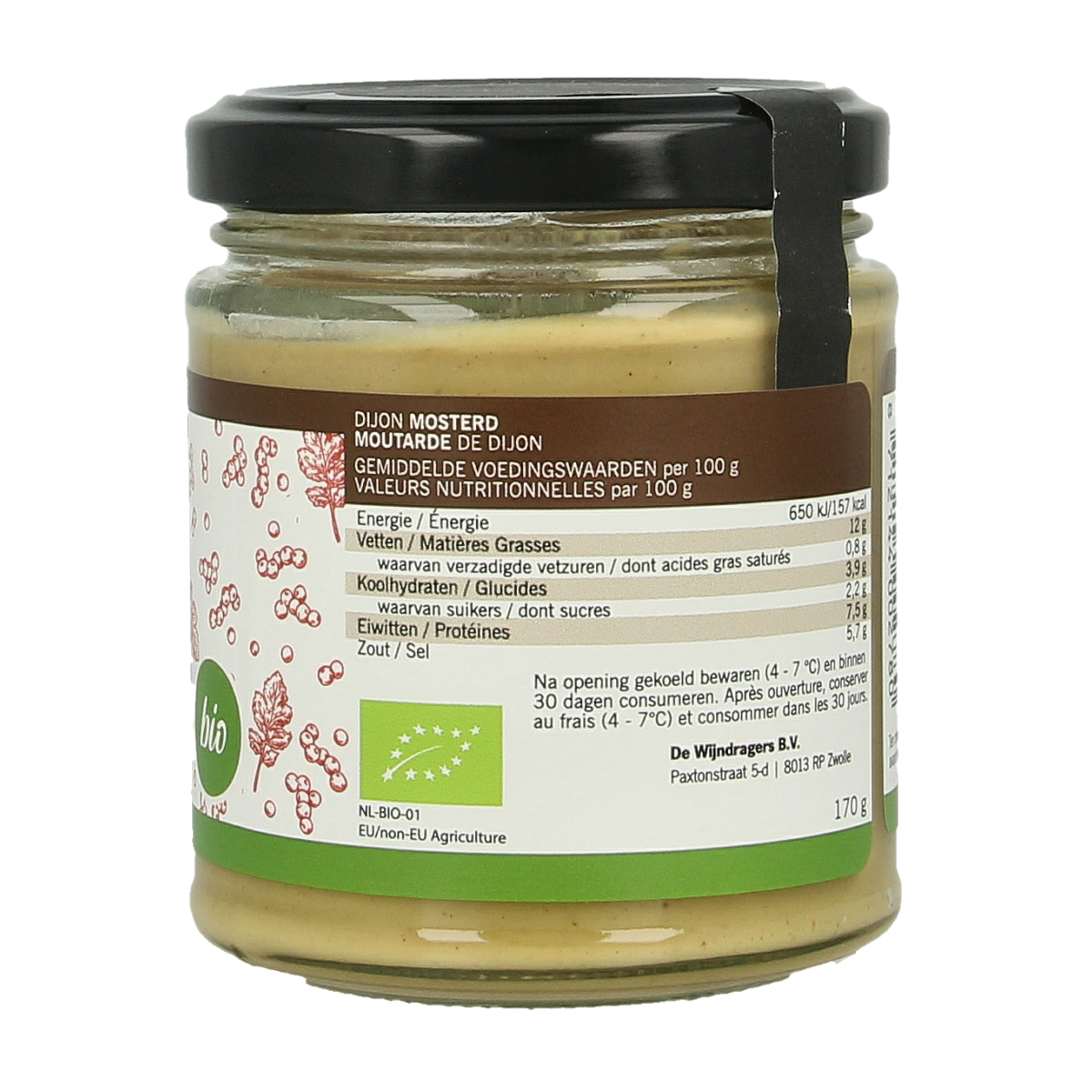 Jar of Van Ton organic Dijon mustard sauce with a yellow label, 170 grams, in a glass jar with a metal lid.