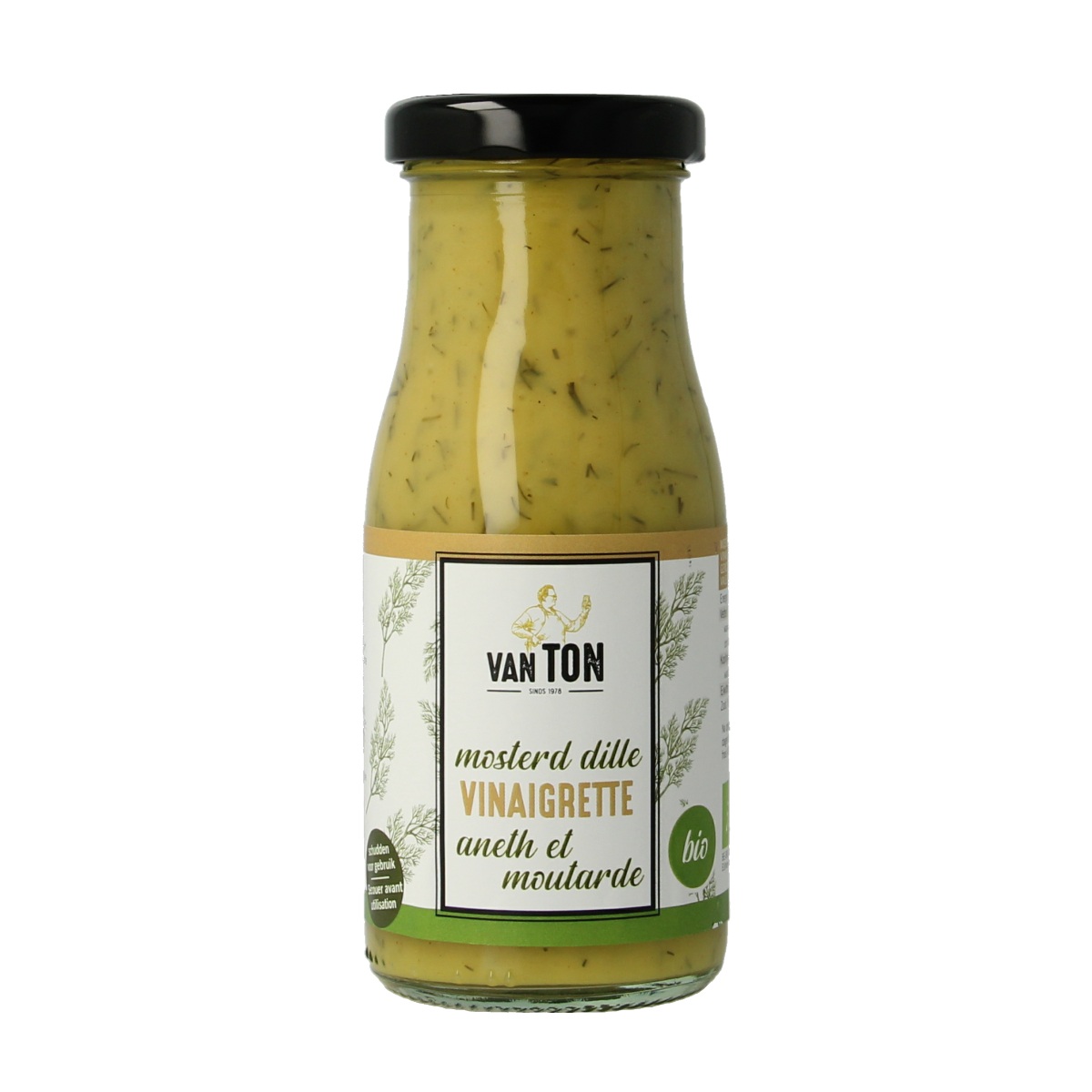 Van Ton bio dille mustard dressing in a 150ml bottle, creamy sauce with mustard and dill visible in the image.