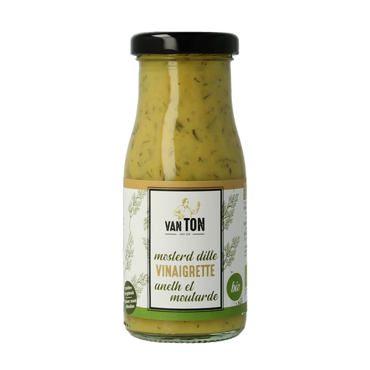 Van Ton bio dille mustard dressing in a 150ml bottle, creamy sauce with mustard and dill visible in the image.