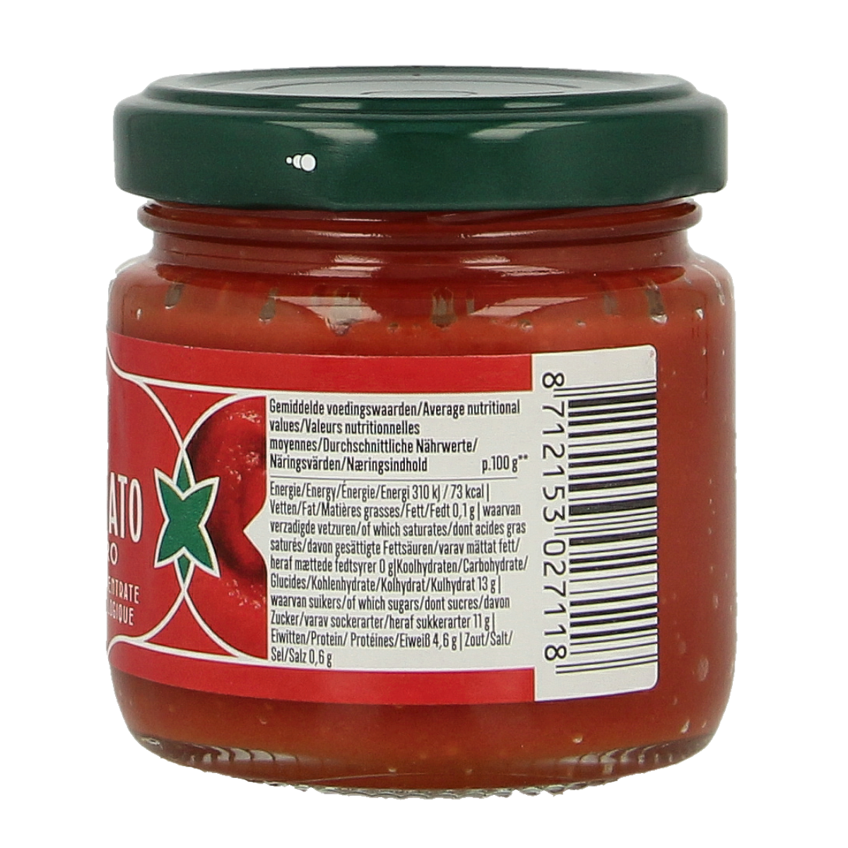 Bioidea organic tomato puree 22% in 100g jar, showing fresh, vibrant tomato sauce with a smooth texture and natural color.