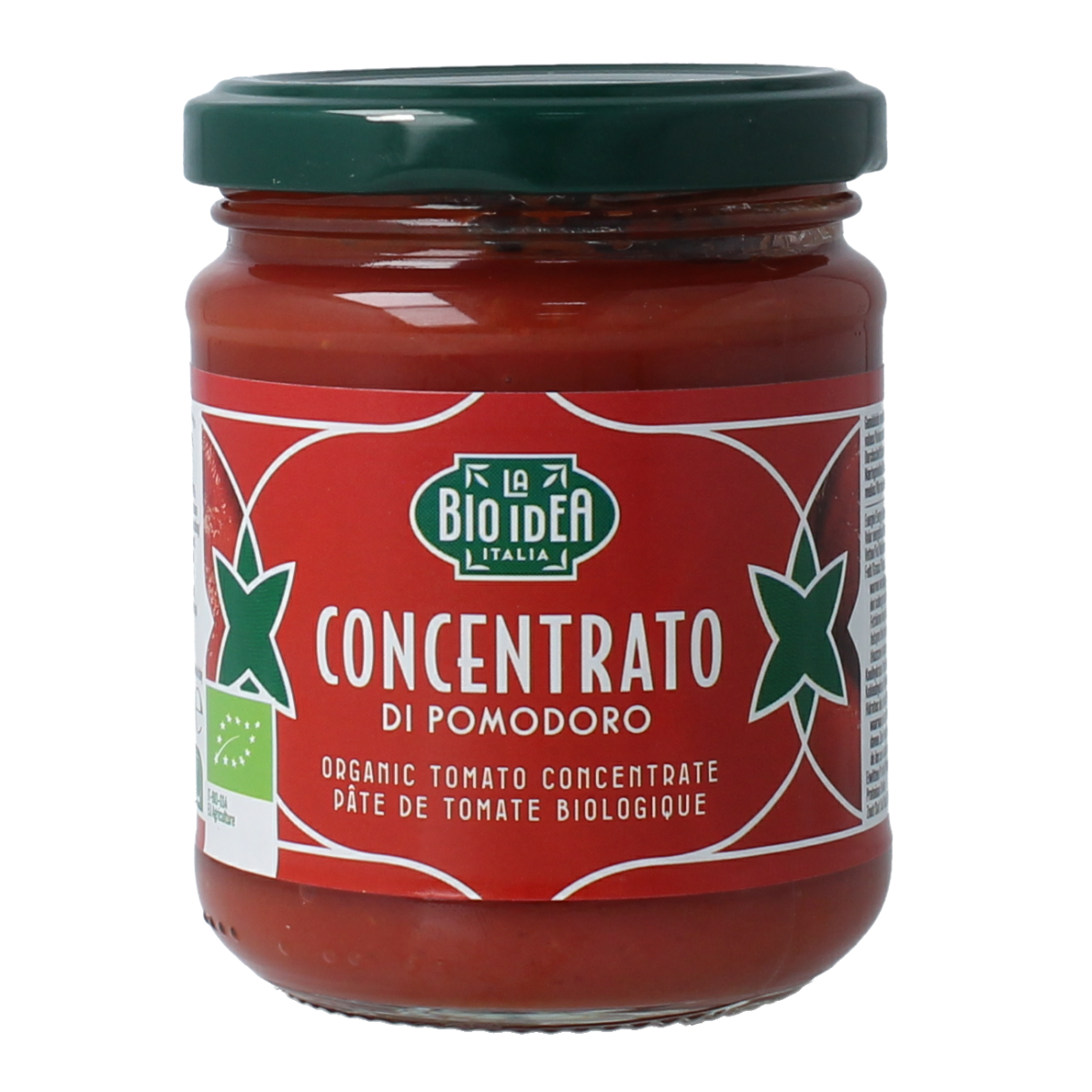 Bioidea organic tomato puree 22% in 200g jar, showcasing the product label and packaging for fresh, natural vegetable and fruit ingredients.