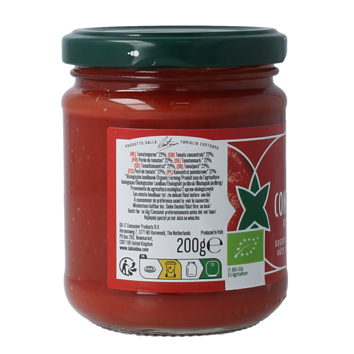 Bioidea organic tomato puree 22% in 200g jar, fresh and ripe tomatoes for cooking and sauces.