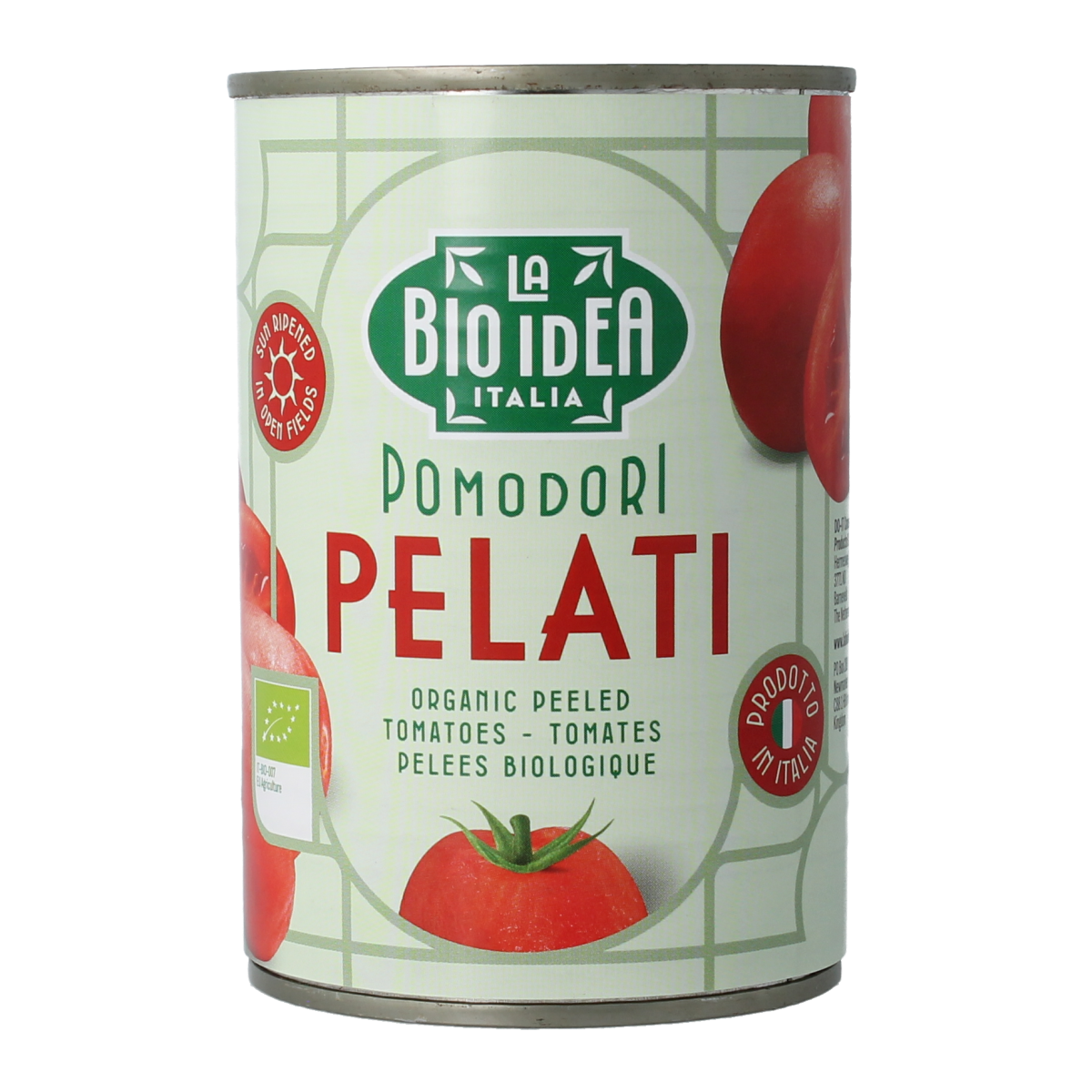 Canned peeled organic tomatoes by Bioidea, 400 grams, showing ripe tomatoes inside the transparent can.