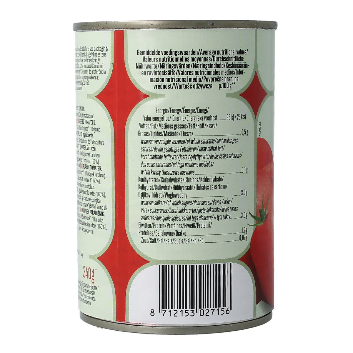 Canned peeled organic tomatoes from Bioidea in a 400g container, shown with label and product image.