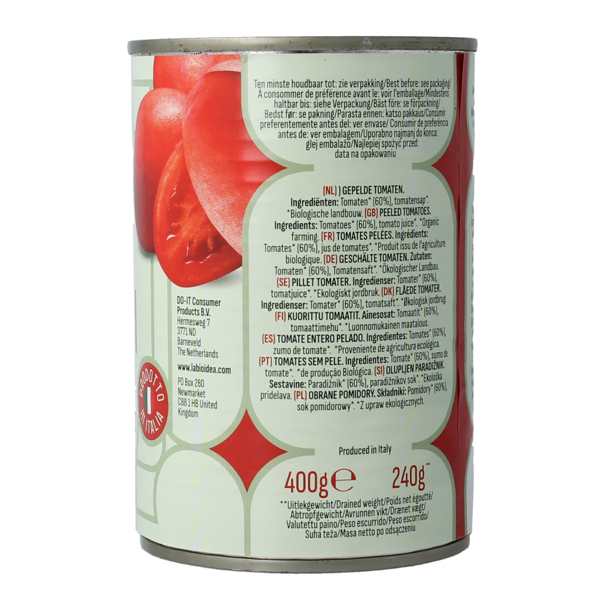 Canned peeled organic tomatoes by Bioidea in a 400g can, suitable for cooking and recipes.