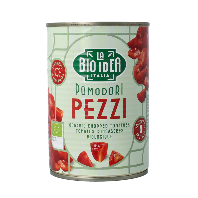 Canned Bioidea organic tomato chunks in 400g metal can, with fresh tomatoes and label details visible.
