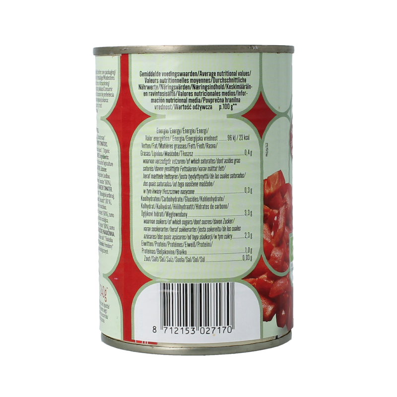 Canned organic tomato chunks in 400g jar by Bioidea, displaying diced tomatoes in a clear can with label.