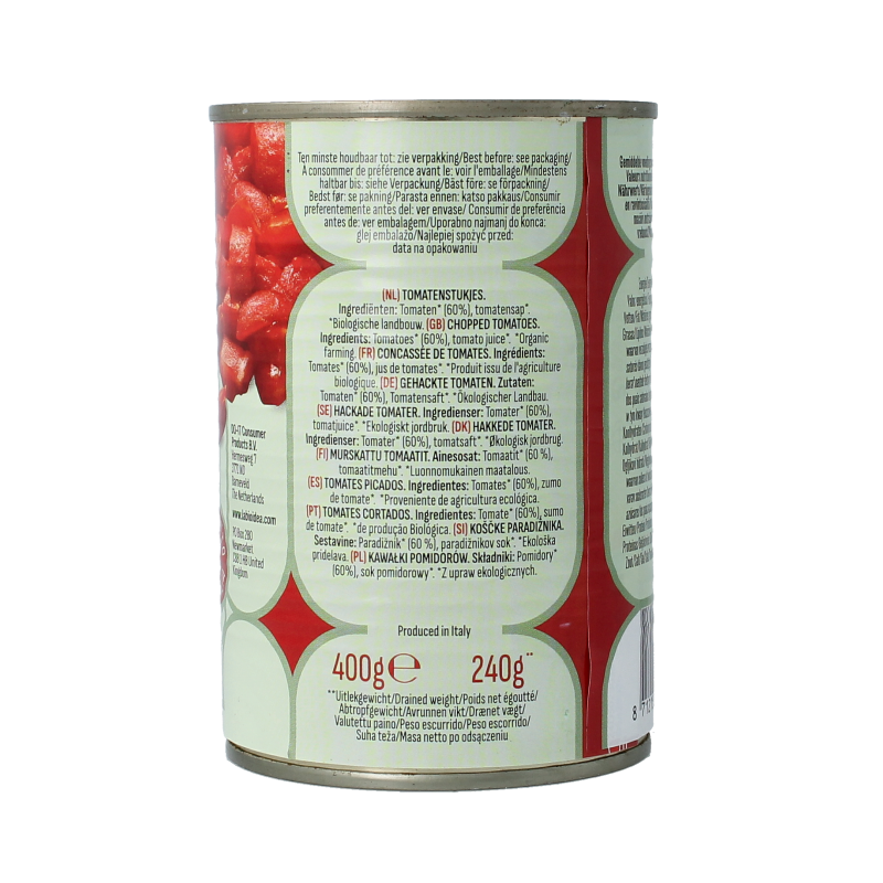 Canned Bioidea organic tomato pieces in a 400g can, part of the vegetable and fruit product range, on a white background.