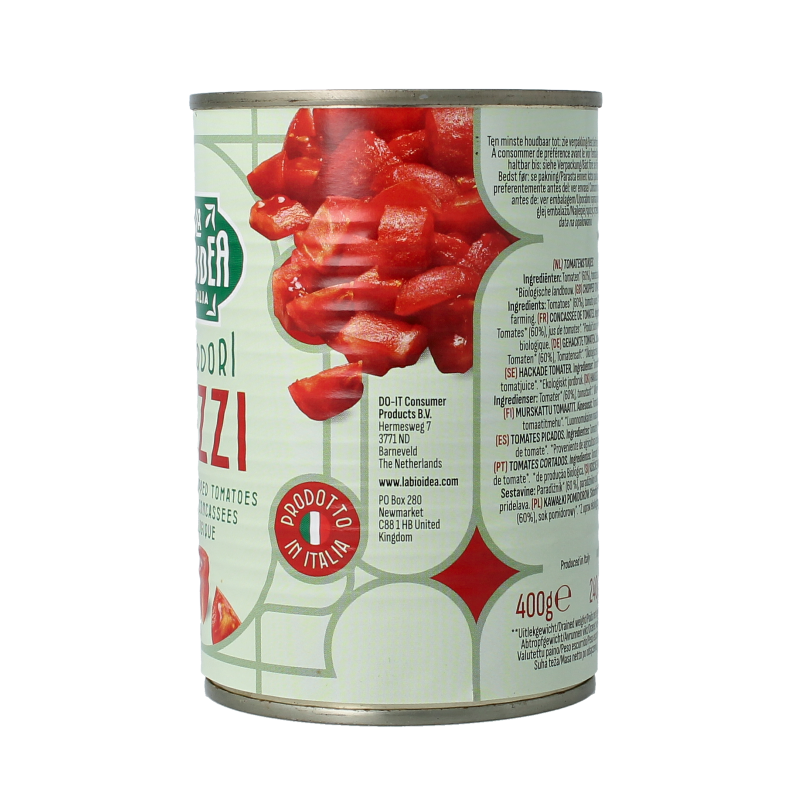 Canned Bioidea organic tomato pieces in 400g can, showing tomato chunks in juice, part of the vegetable and fruit product range.