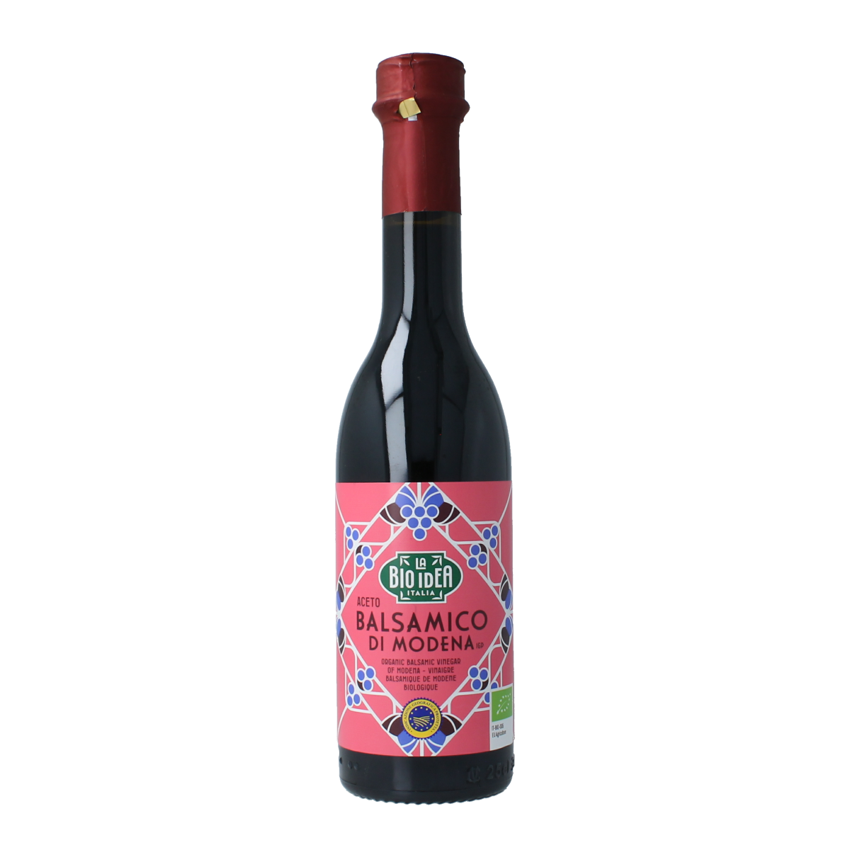 Bioidea Balsamico azijn bio, 250ml, in a glass bottle, showing the dark, rich balsamic vinegar used as a flavorful sauce or condiment.