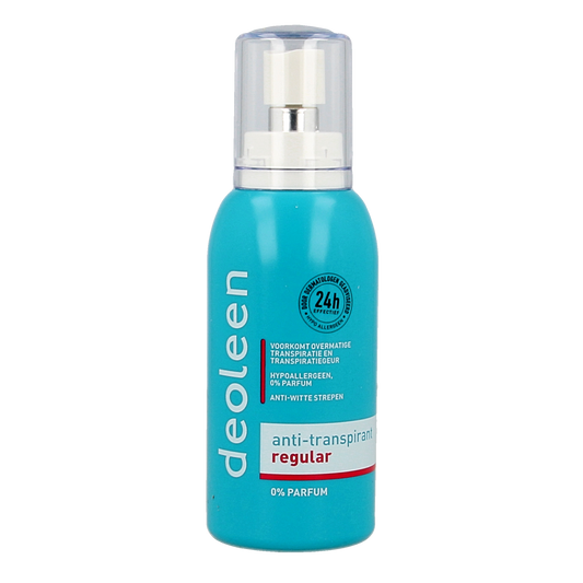 Deoleen deodorant spray bottle, 75ml, with a sleek design and nozzle for easy application.