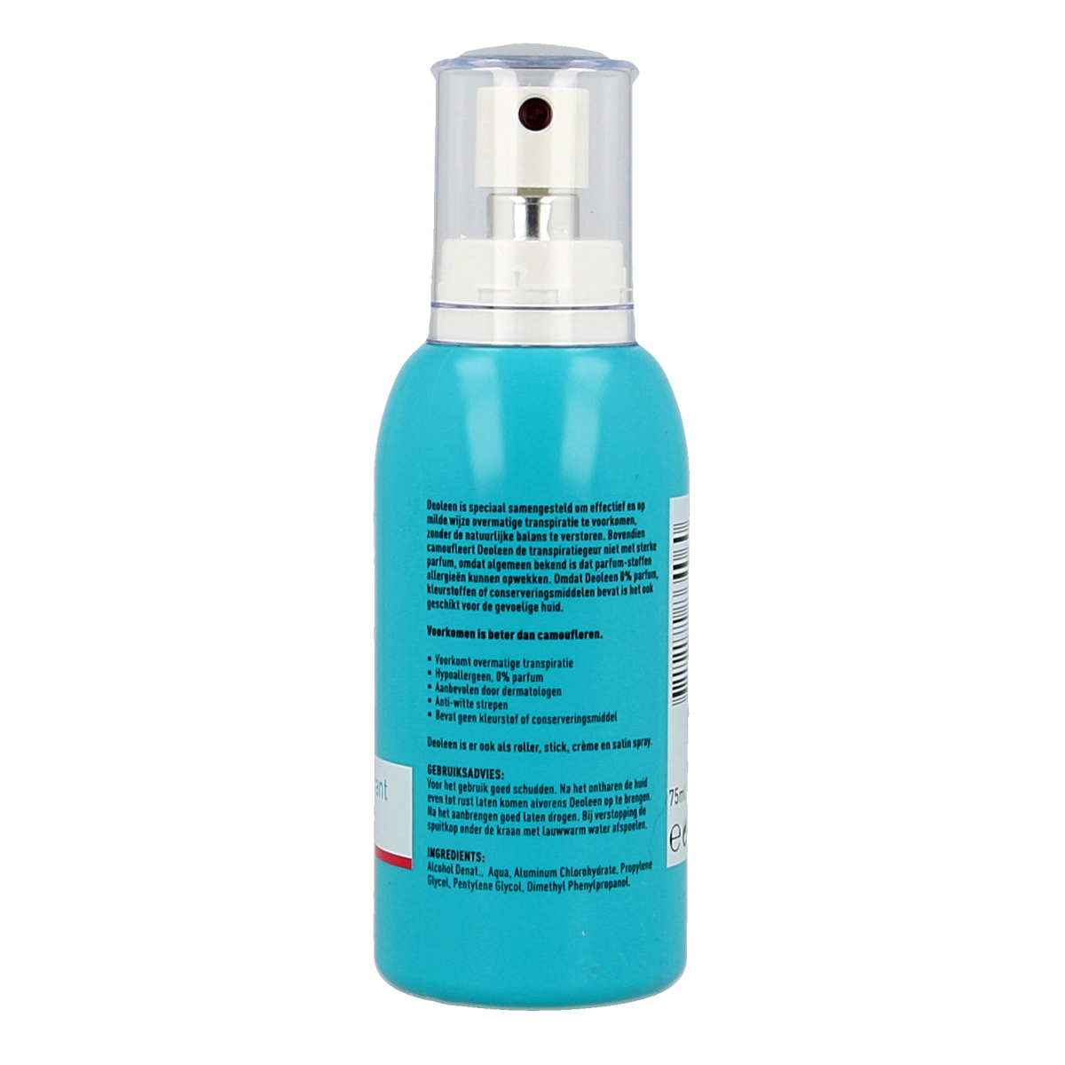 Deoleen deodorant spray 75ml bottle with aerosol nozzle, designed for freshness and odor control.