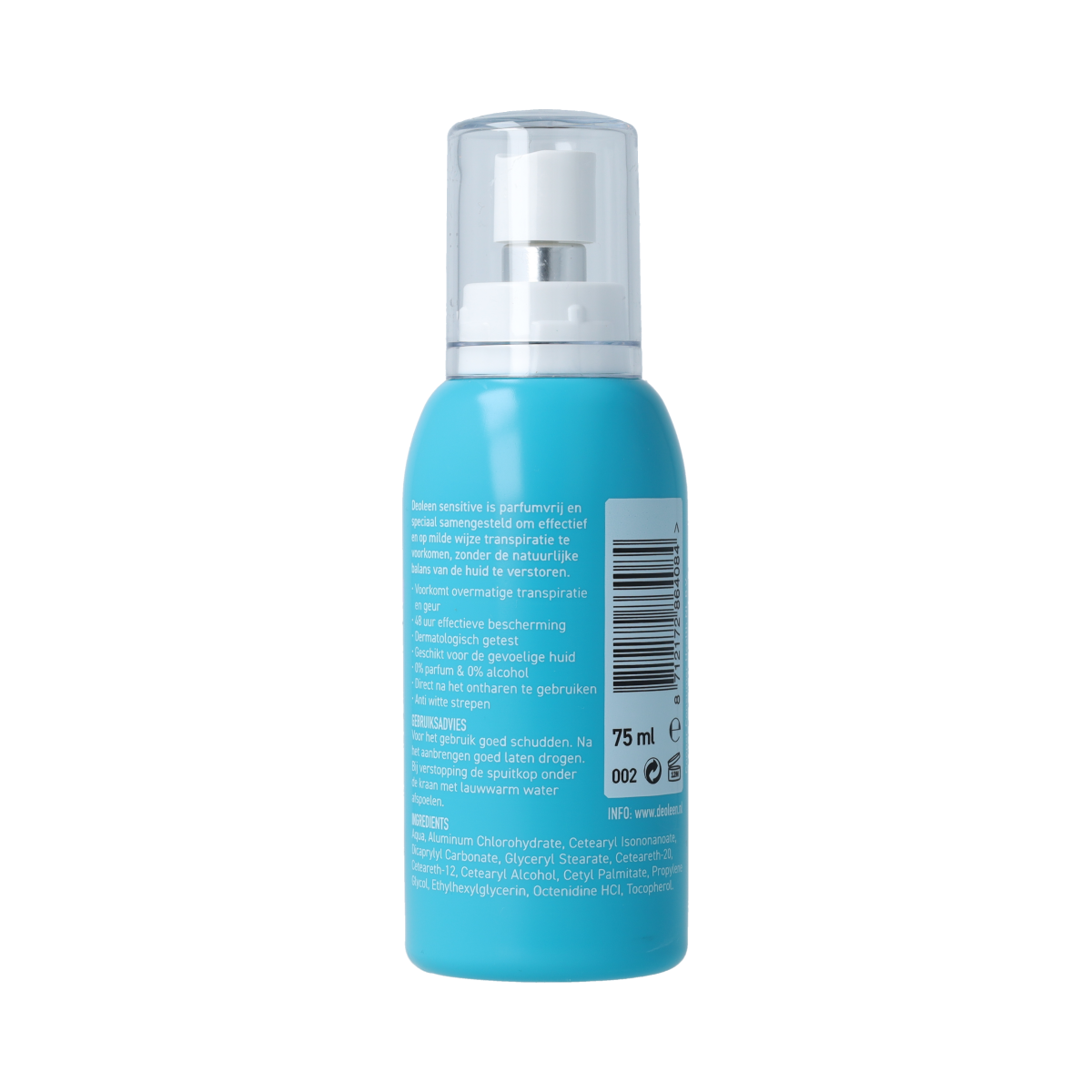 Deoleen sensitive deodorant spray 75ml bottle with a sleek design, featuring a white cap and label, aimed at gentle odor protection.