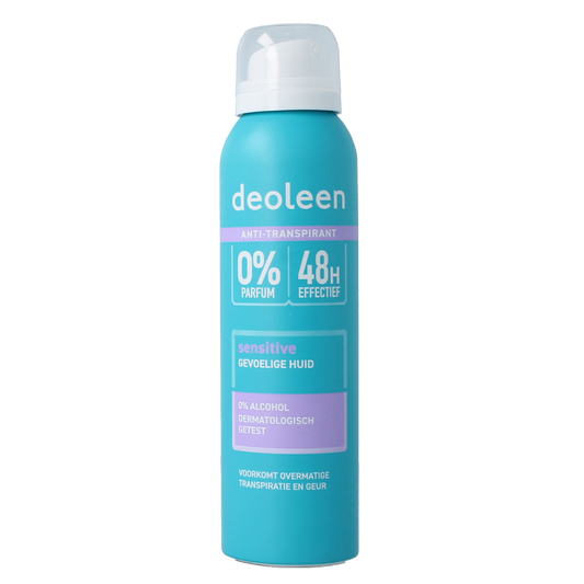 Deoleen satin sensitive deodorant spray in 150ml bottle, alcohol-free, gentle formula for sensitive skin.