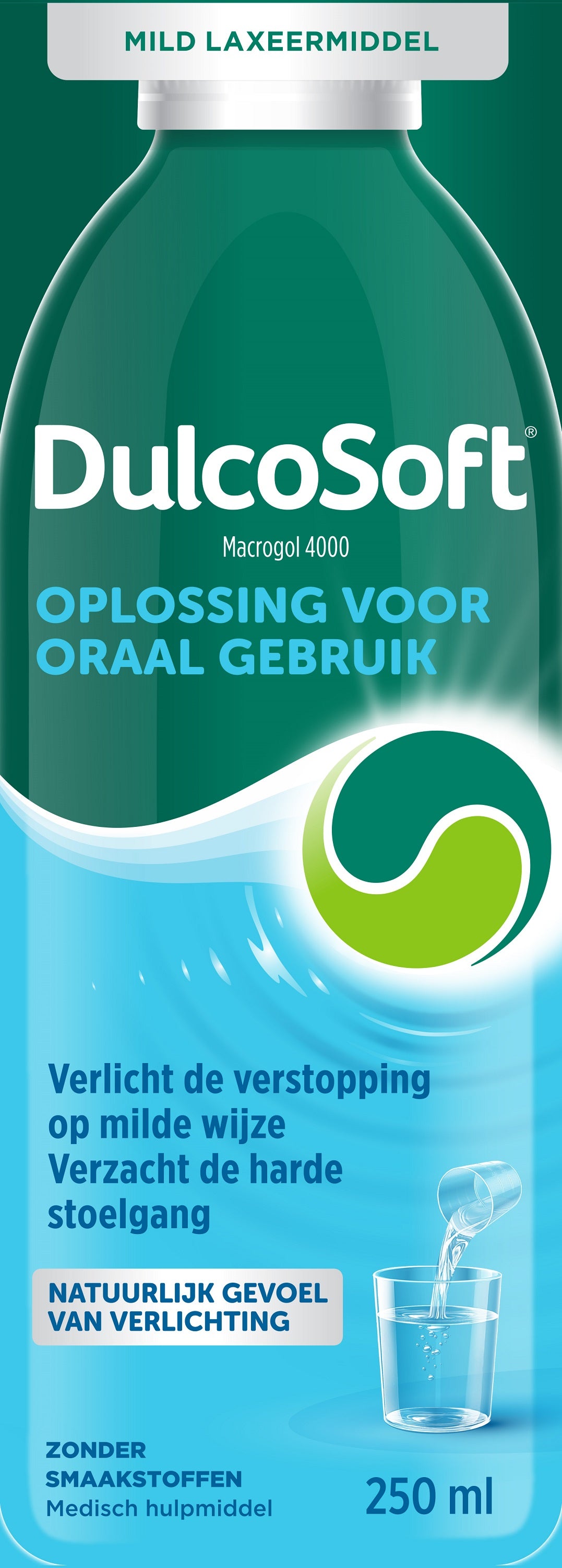 Dulcosoft Macrogol 4000 laxative drink in 250ml bottle, clear liquid in a transparent plastic container.