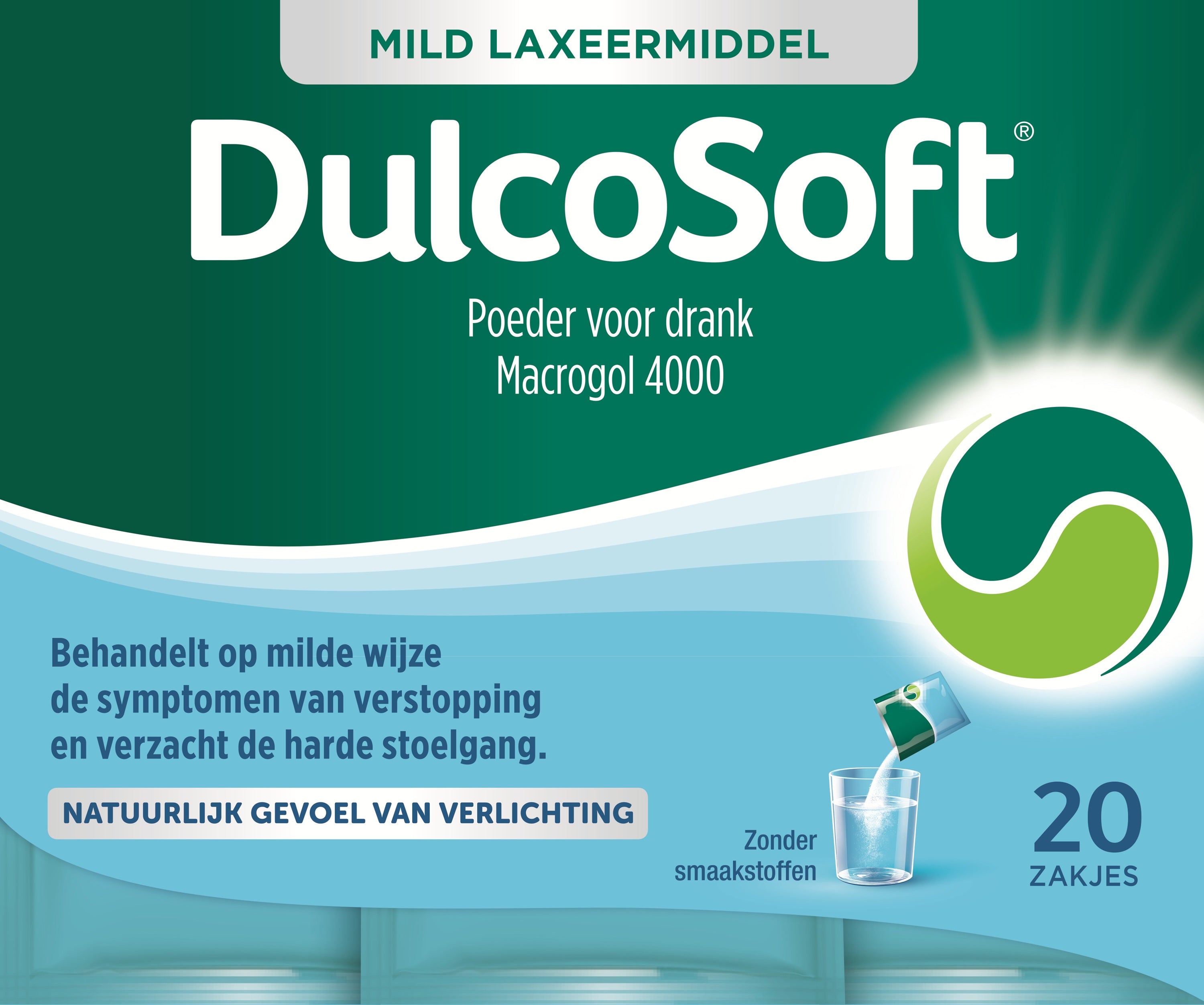 Dulcosoft Macrogol 4000 sachets, a laxative product from Dulcosoft, showing 20 sachets in the package.
