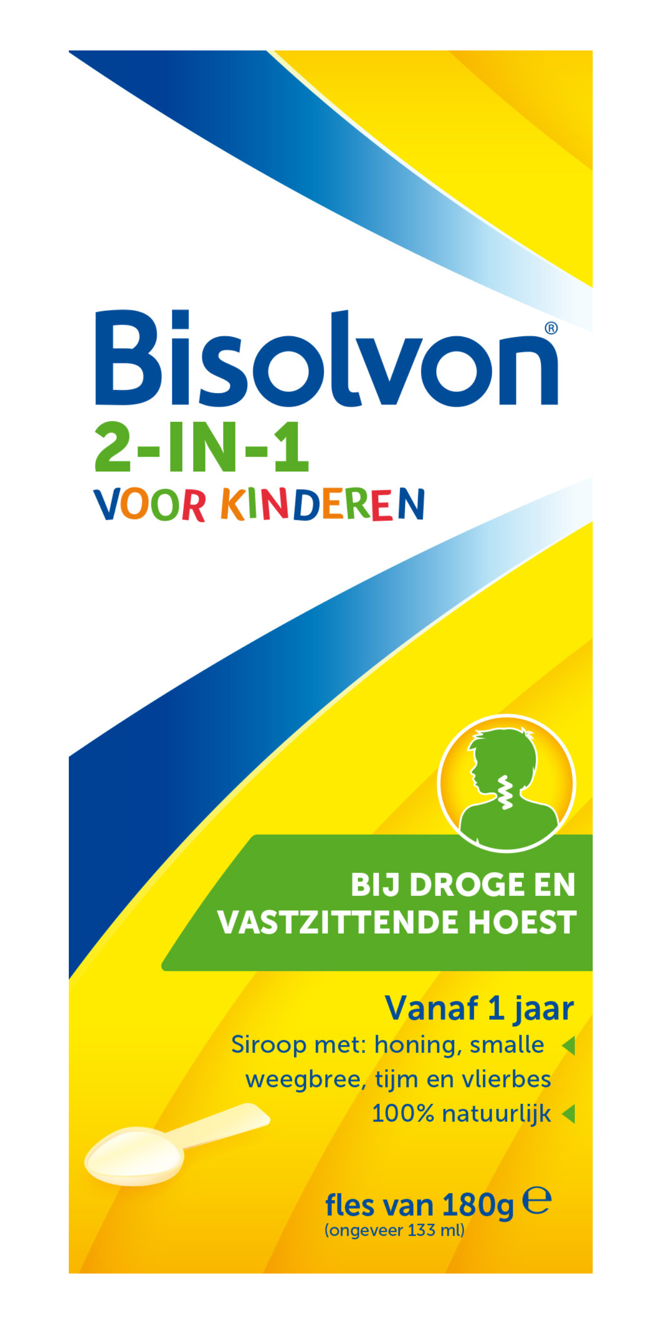 Bisolvon 2-in-1 cough syrup bottle, 133ml, for soothing cough relief, with label and cap visible.