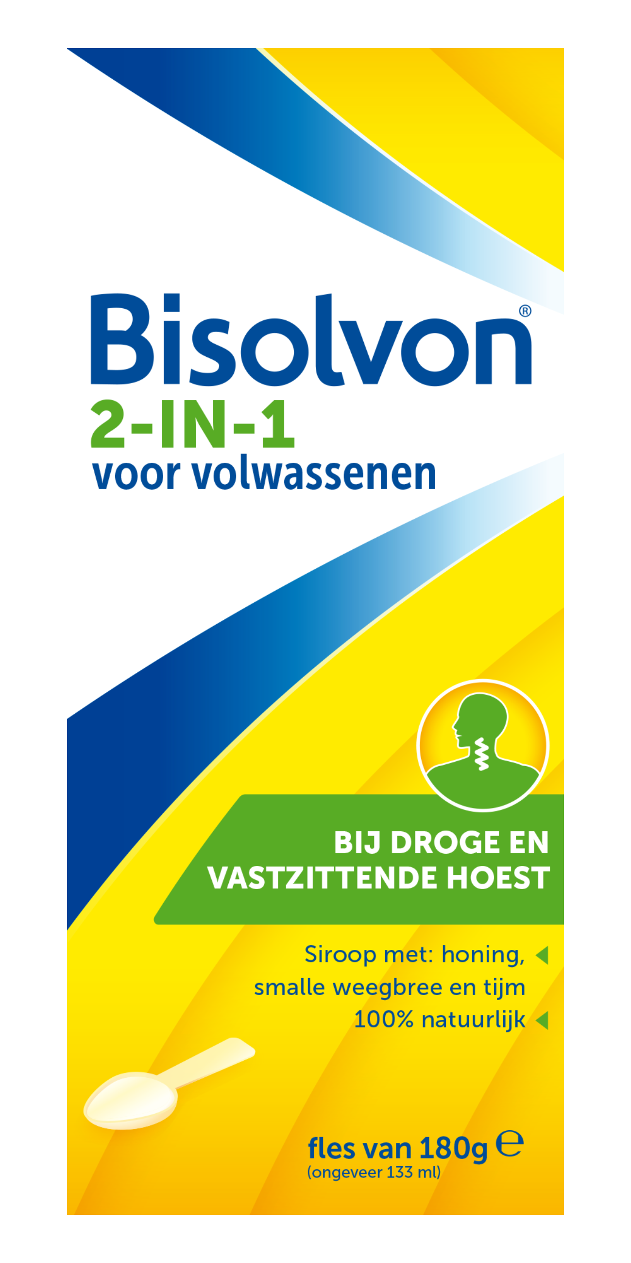 Bisolvon 2-in-1 adults cough syrup bottle, 133ml, with label showing product details and brand logo.
